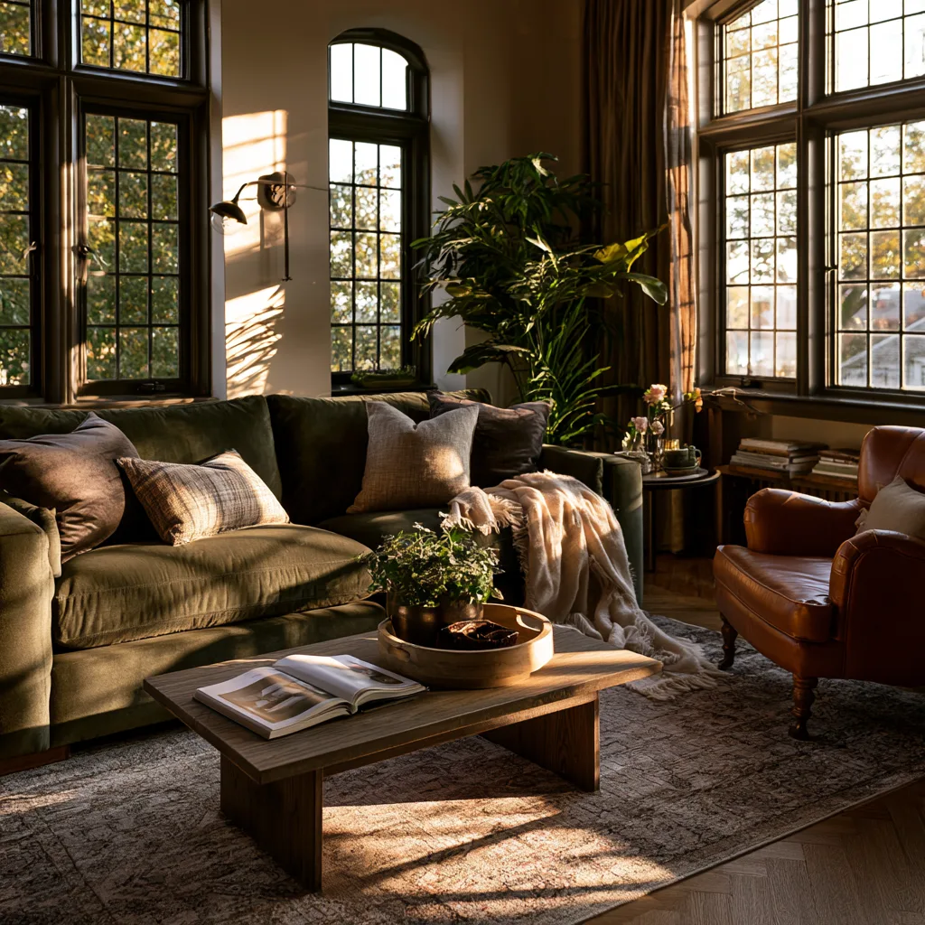 olive green sofa paired with a caramel leather chair for a warm lived in living room, photo 1 of 4