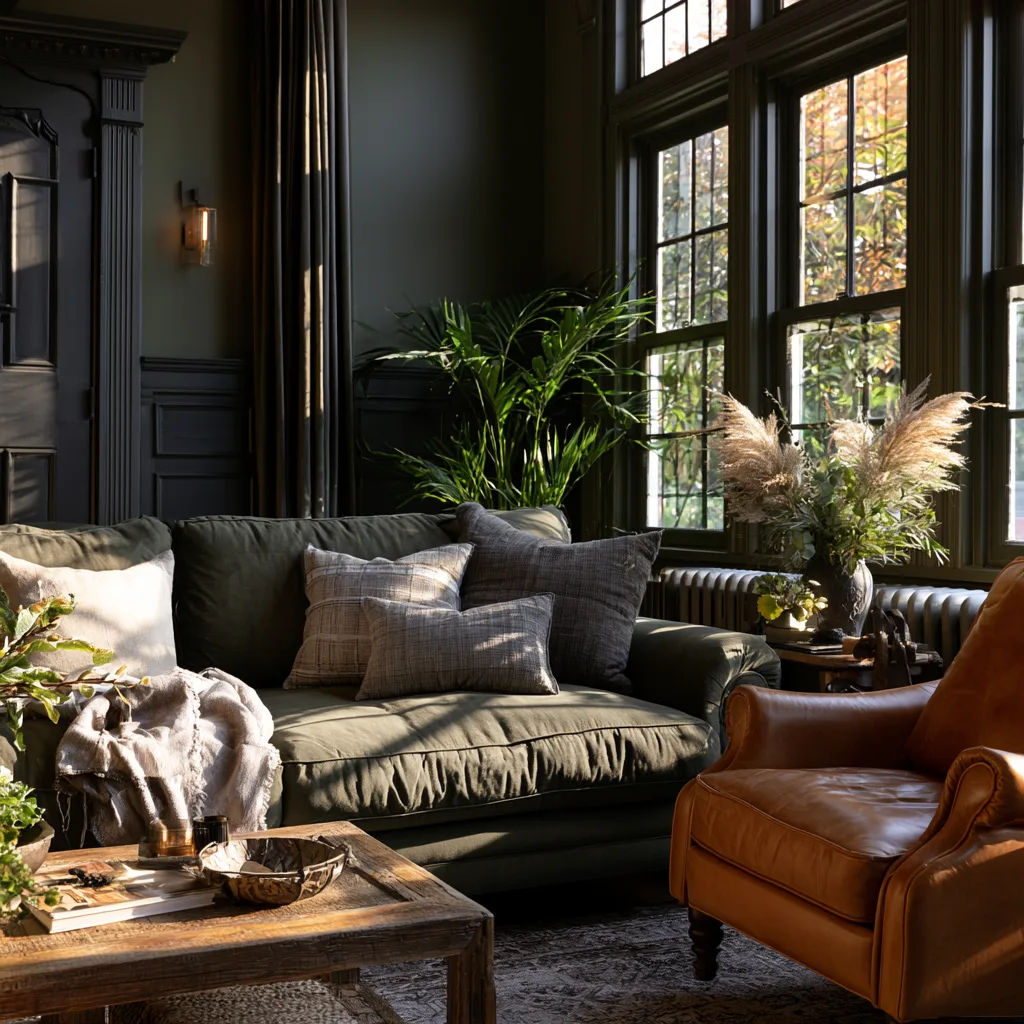 olive green sofa paired with a caramel leather chair for a warm lived in living room, photo 2 of 4
