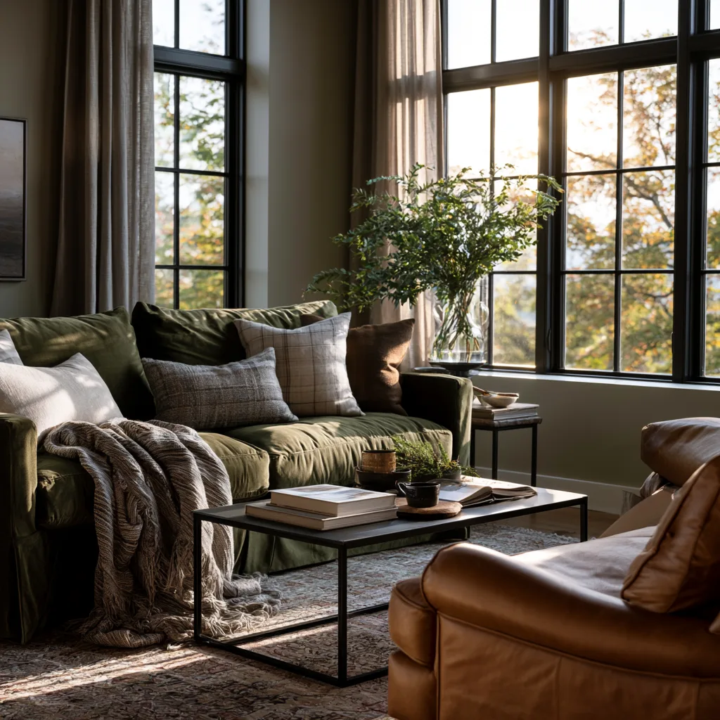 olive green sofa paired with a caramel leather chair for a warm lived in living room, photo 3 of 4