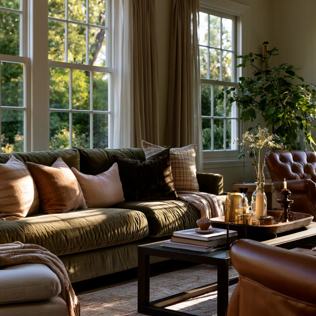 olive green sofa paired with a caramel leather chair for a warm lived in living room, photo 4 of 4