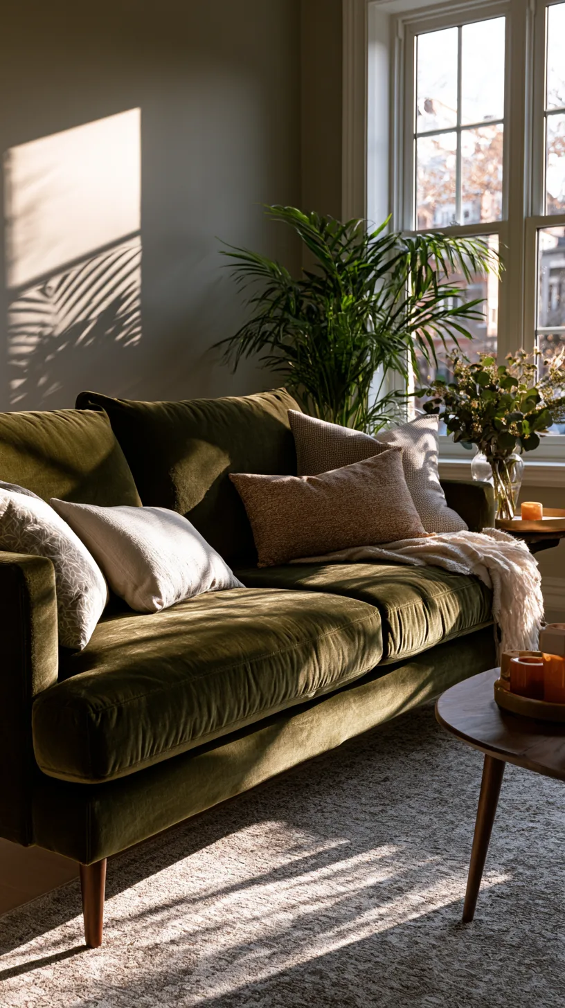 minimalist olive green sofa living room with clean lines and open space, photo 1 of 4