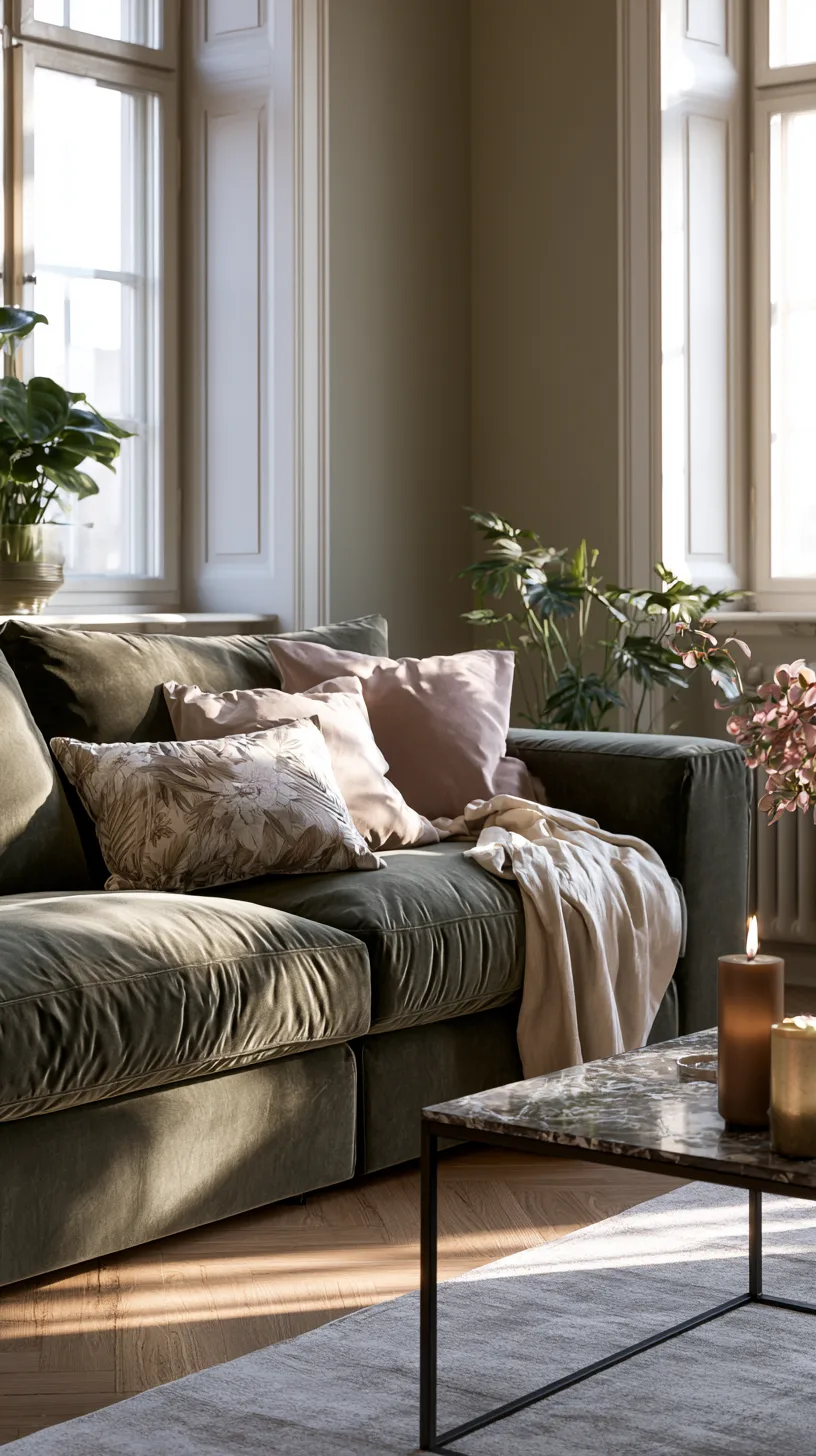 minimalist olive green sofa living room with clean lines and open space, photo 2 of 4