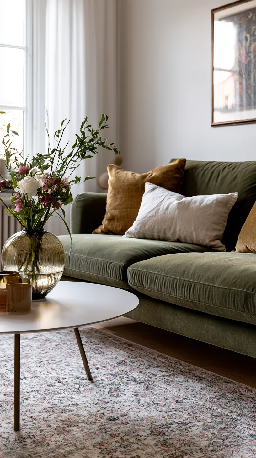 minimalist olive green sofa living room with clean lines and open space, photo 3 of 4