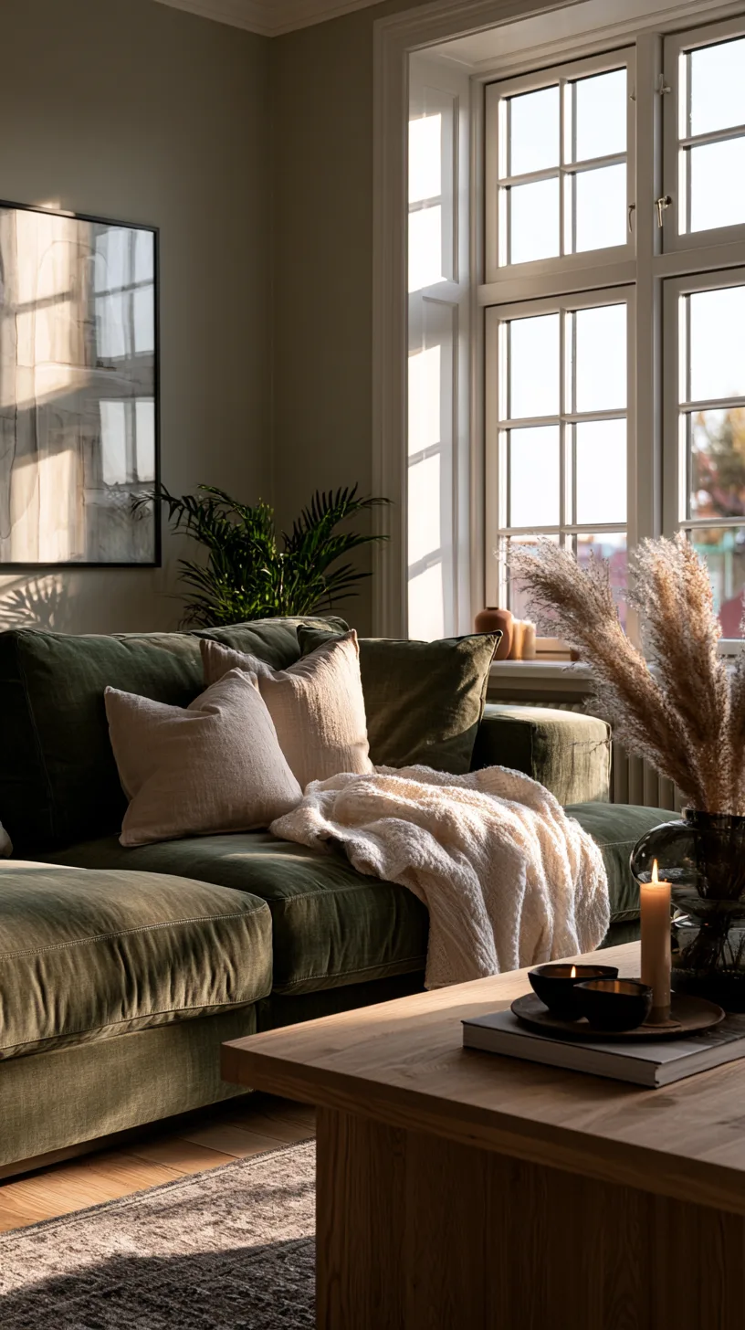 minimalist olive green sofa living room with clean lines and open space, photo 4 of 4
