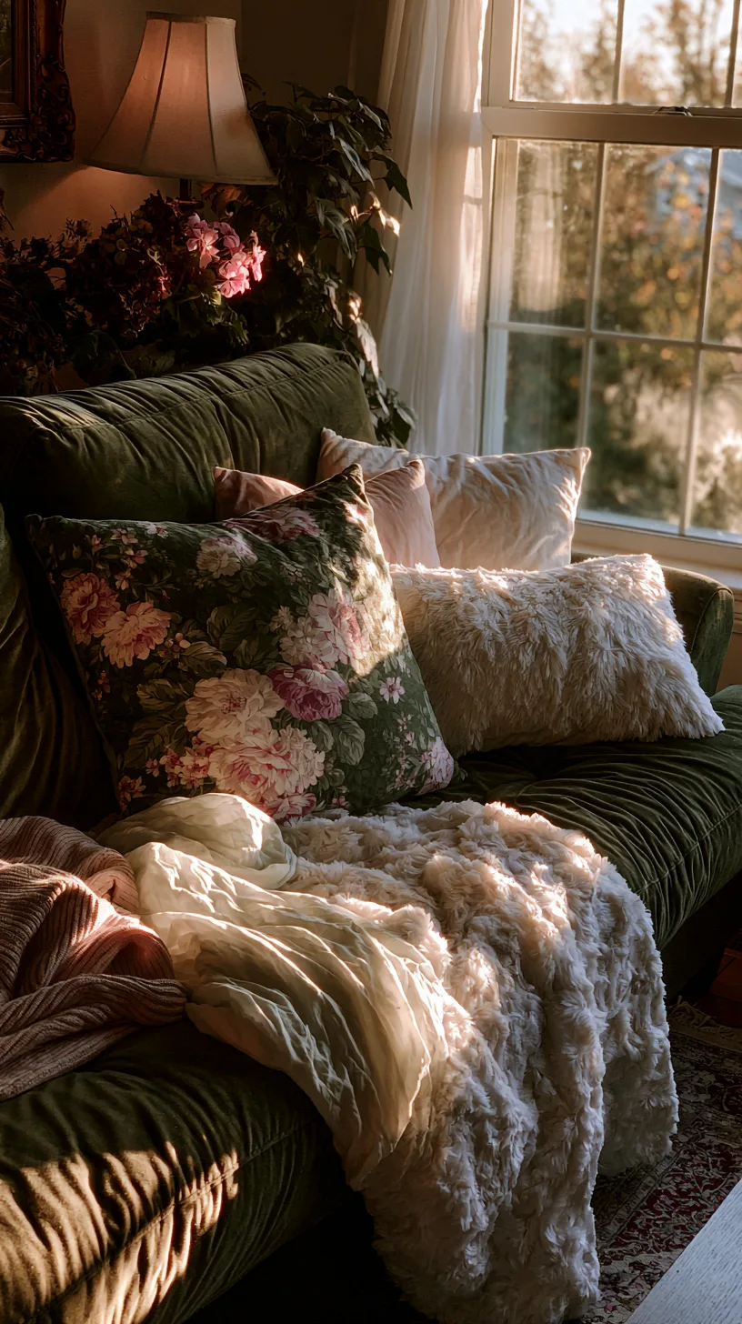 olive green sofa with floral pillows and vintage finds in a cottagecore living room, photo 1 of 4