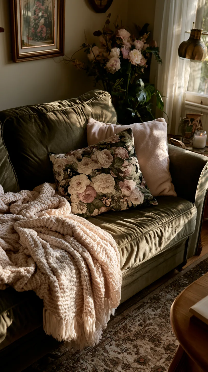 olive green sofa with floral pillows and vintage finds in a cottagecore living room, photo 2 of 4