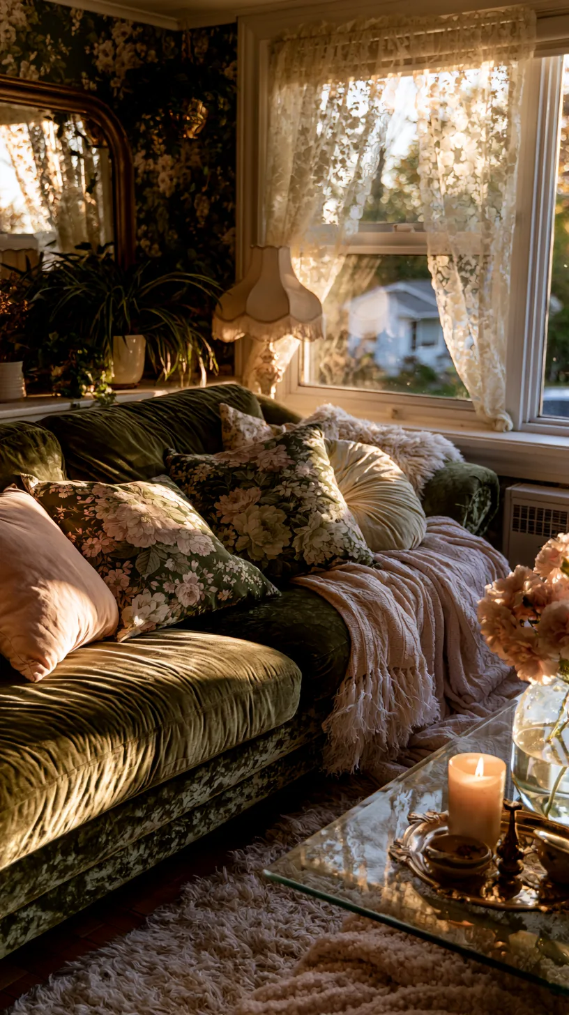olive green sofa with floral pillows and vintage finds in a cottagecore living room, photo 3 of 4