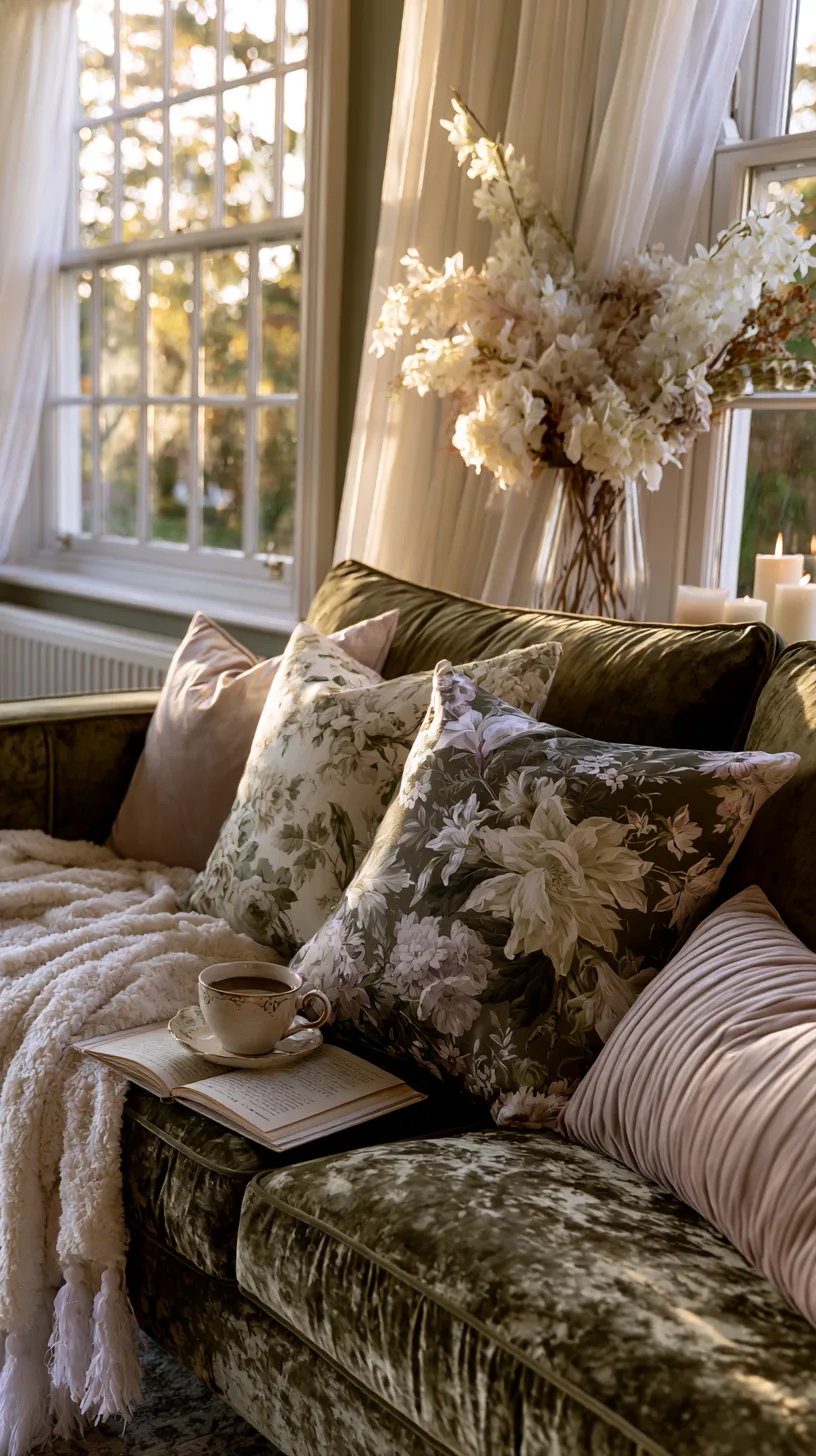 olive green sofa with floral pillows and vintage finds in a cottagecore living room, photo 4 of 4