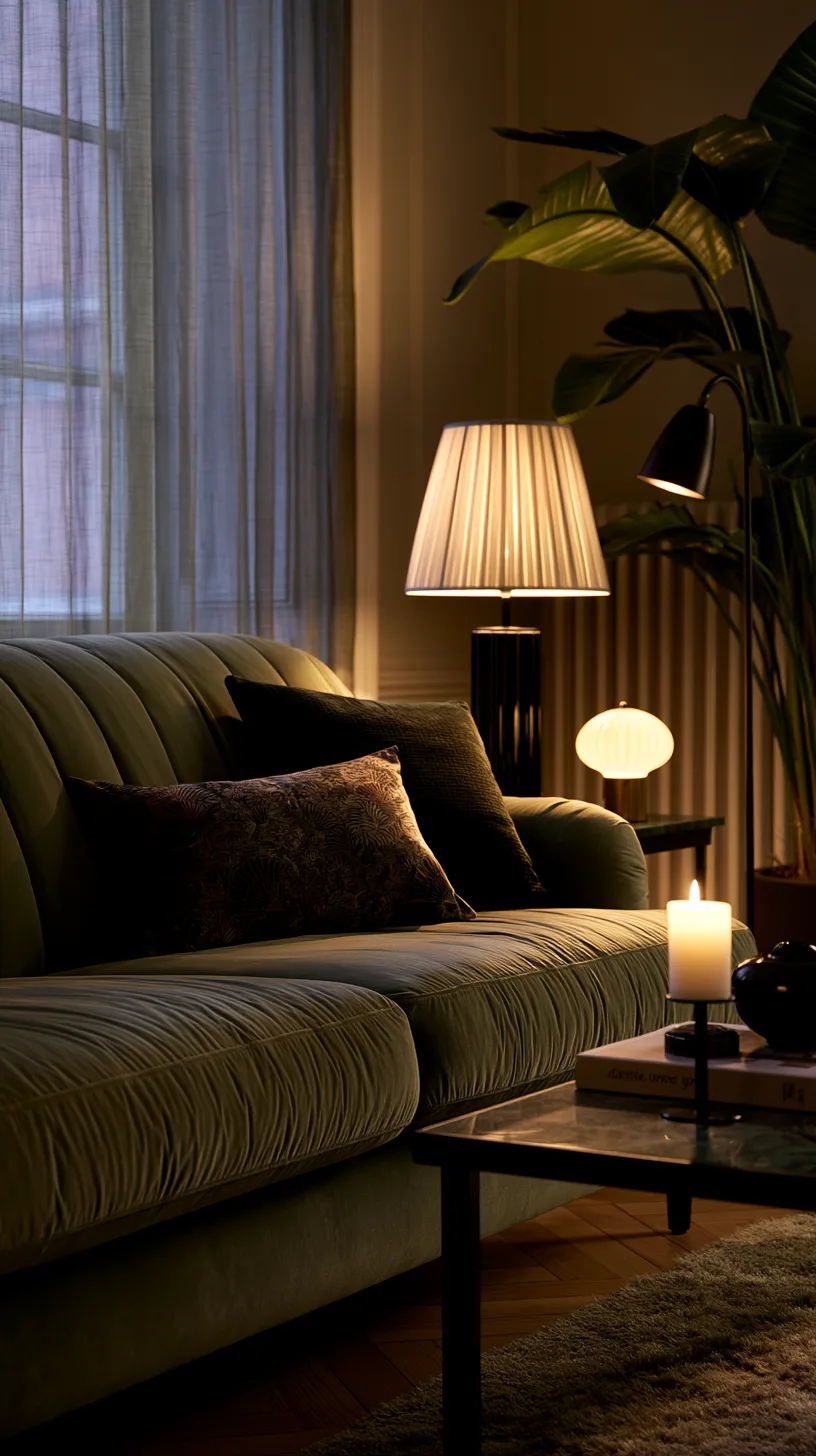 olive green sofa lit by warm string lights and a table lamp for a cozy evening glow, photo 1 of 4