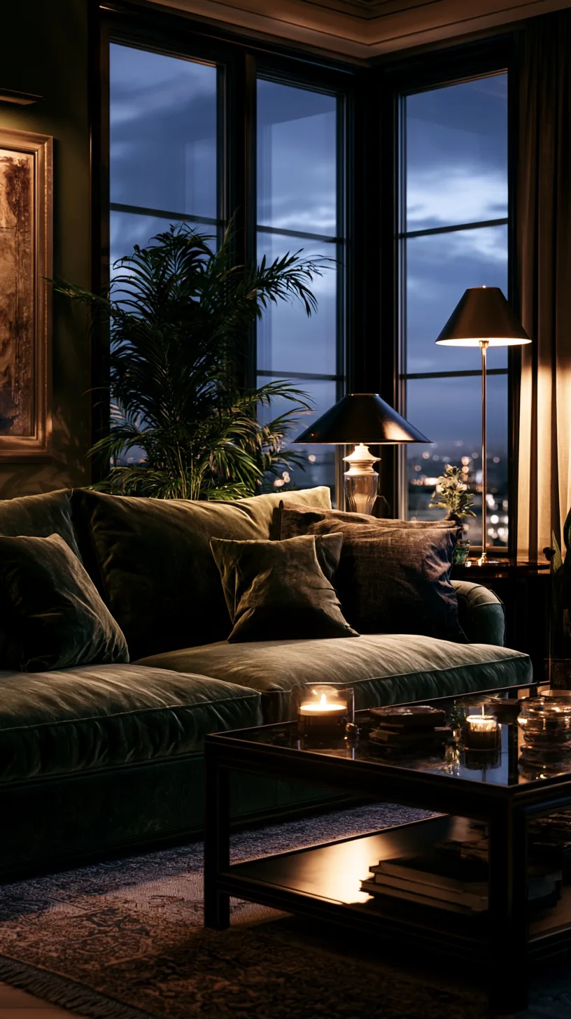 olive green sofa lit by warm string lights and a table lamp for a cozy evening glow, photo 2 of 4