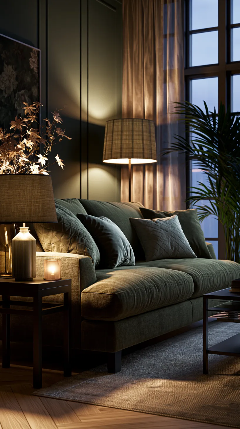 olive green sofa lit by warm string lights and a table lamp for a cozy evening glow, photo 3 of 4