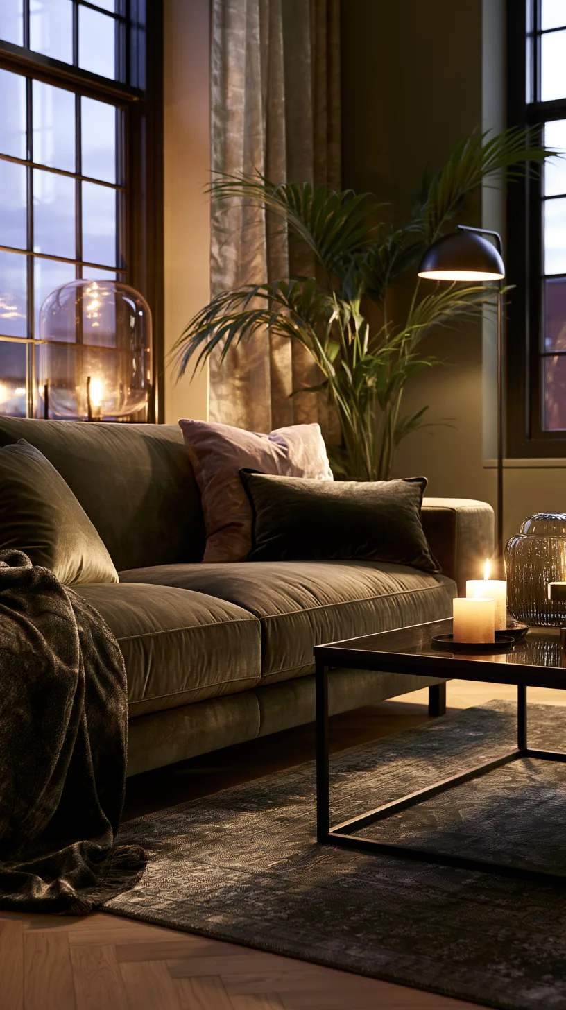 olive green sofa lit by warm string lights and a table lamp for a cozy evening glow, photo 4 of 4