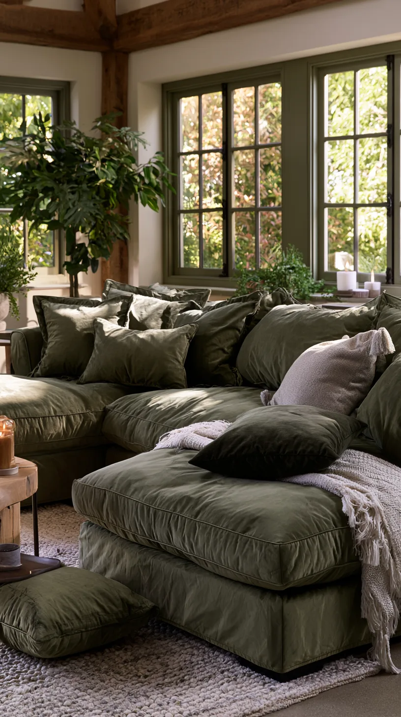 olive green sectional sofa with soft cushions and a blanket basket for family comfort, photo 1 of 4