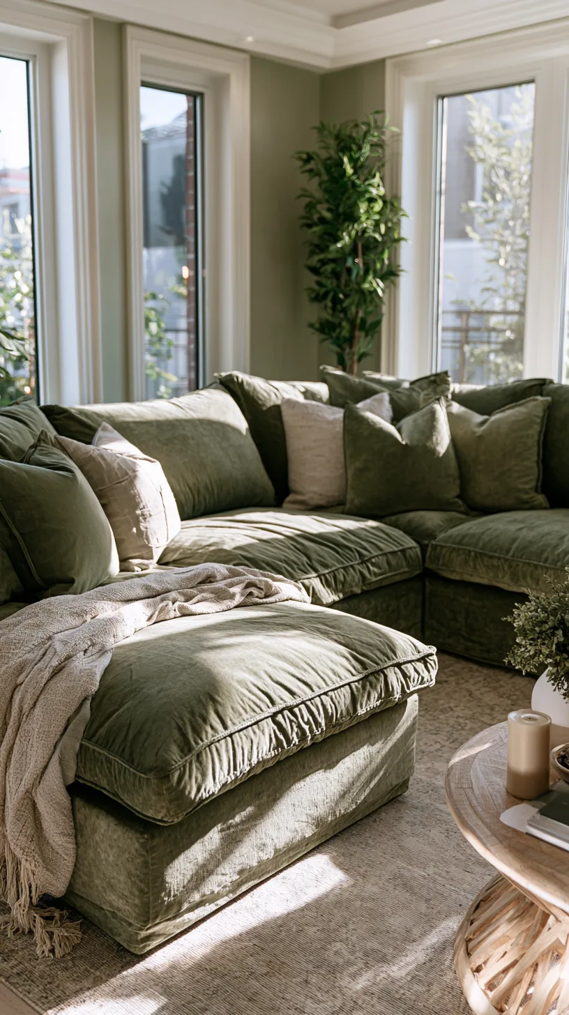 olive green sectional sofa with soft cushions and a blanket basket for family comfort, photo 2 of 4