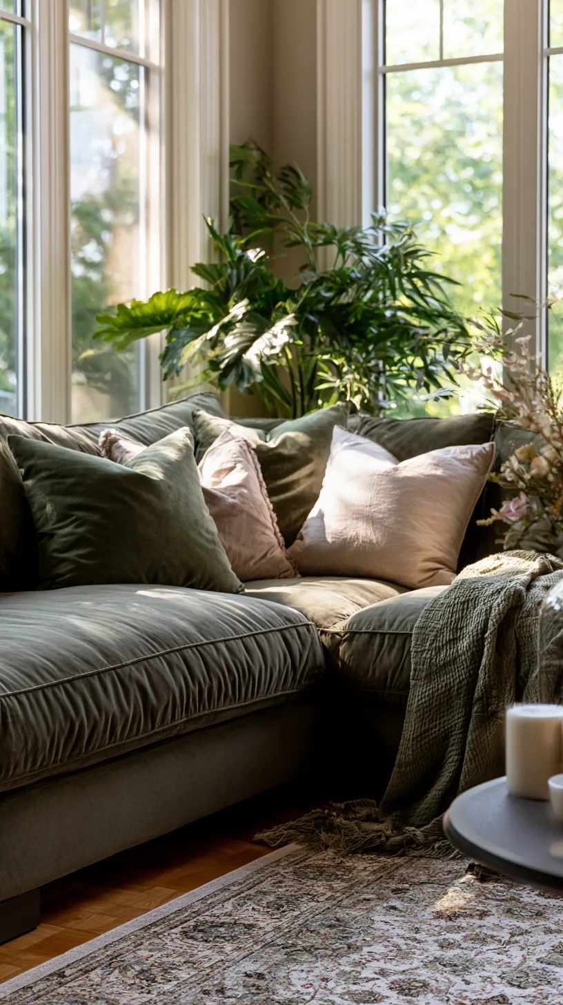 olive green sectional sofa with soft cushions and a blanket basket for family comfort, photo 3 of 4