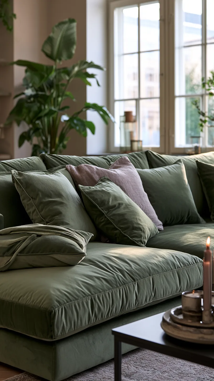 olive green sectional sofa with soft cushions and a blanket basket for family comfort, photo 4 of 4