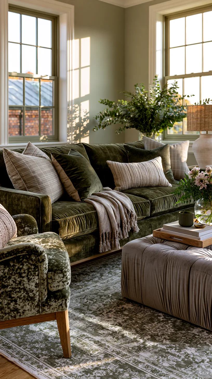 olive green sofa paired with a cane and boucle accent chair in a layered living room, photo 1 of 4