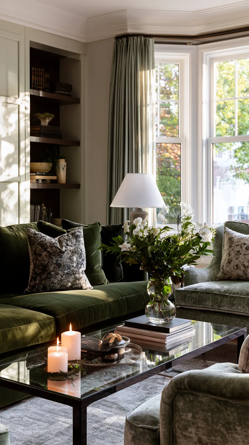 olive green sofa paired with a cane and boucle accent chair in a layered living room, photo 2 of 4