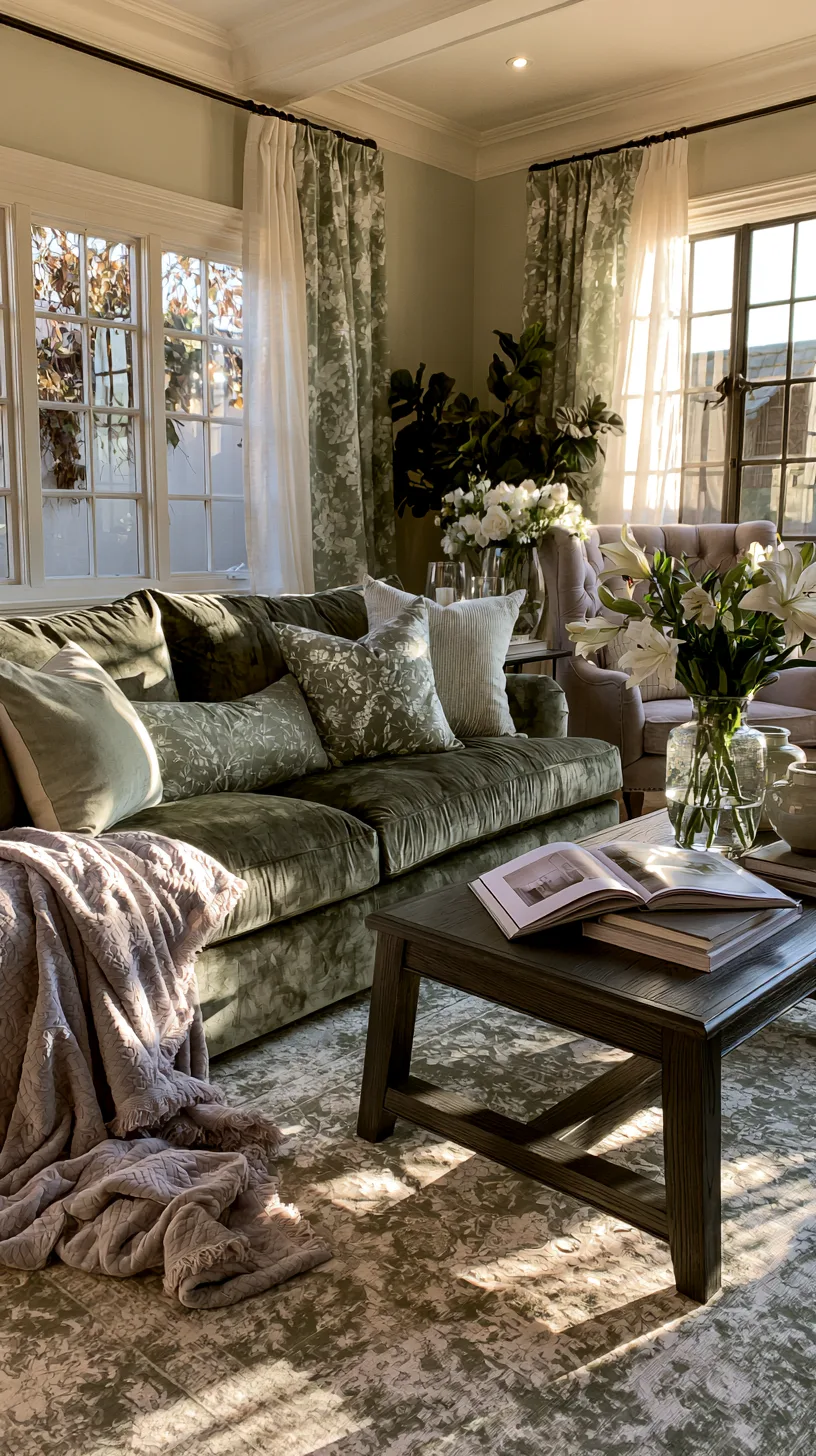 olive green sofa paired with a cane and boucle accent chair in a layered living room, photo 3 of 4
