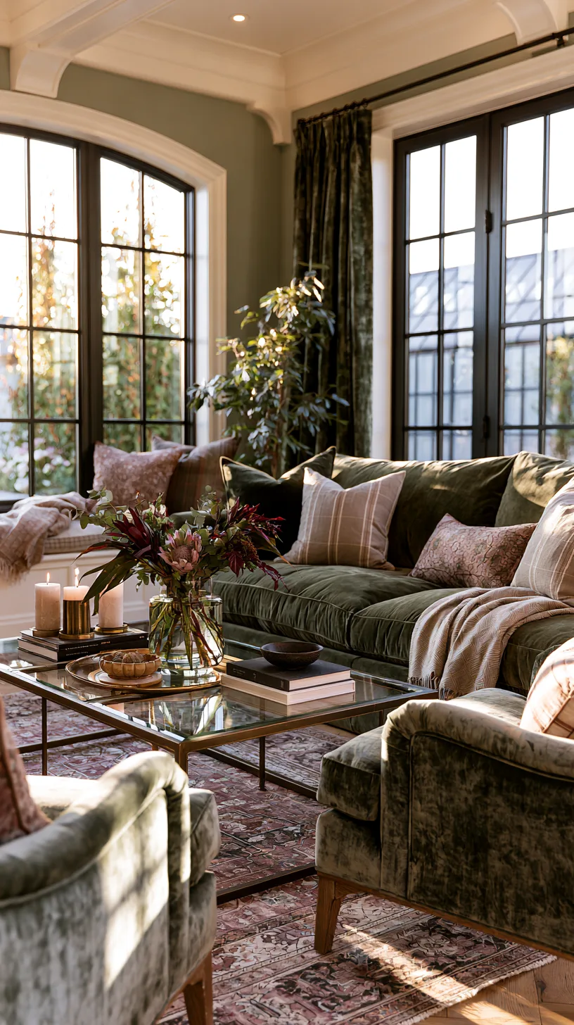 olive green sofa paired with a cane and boucle accent chair in a layered living room, photo 4 of 4