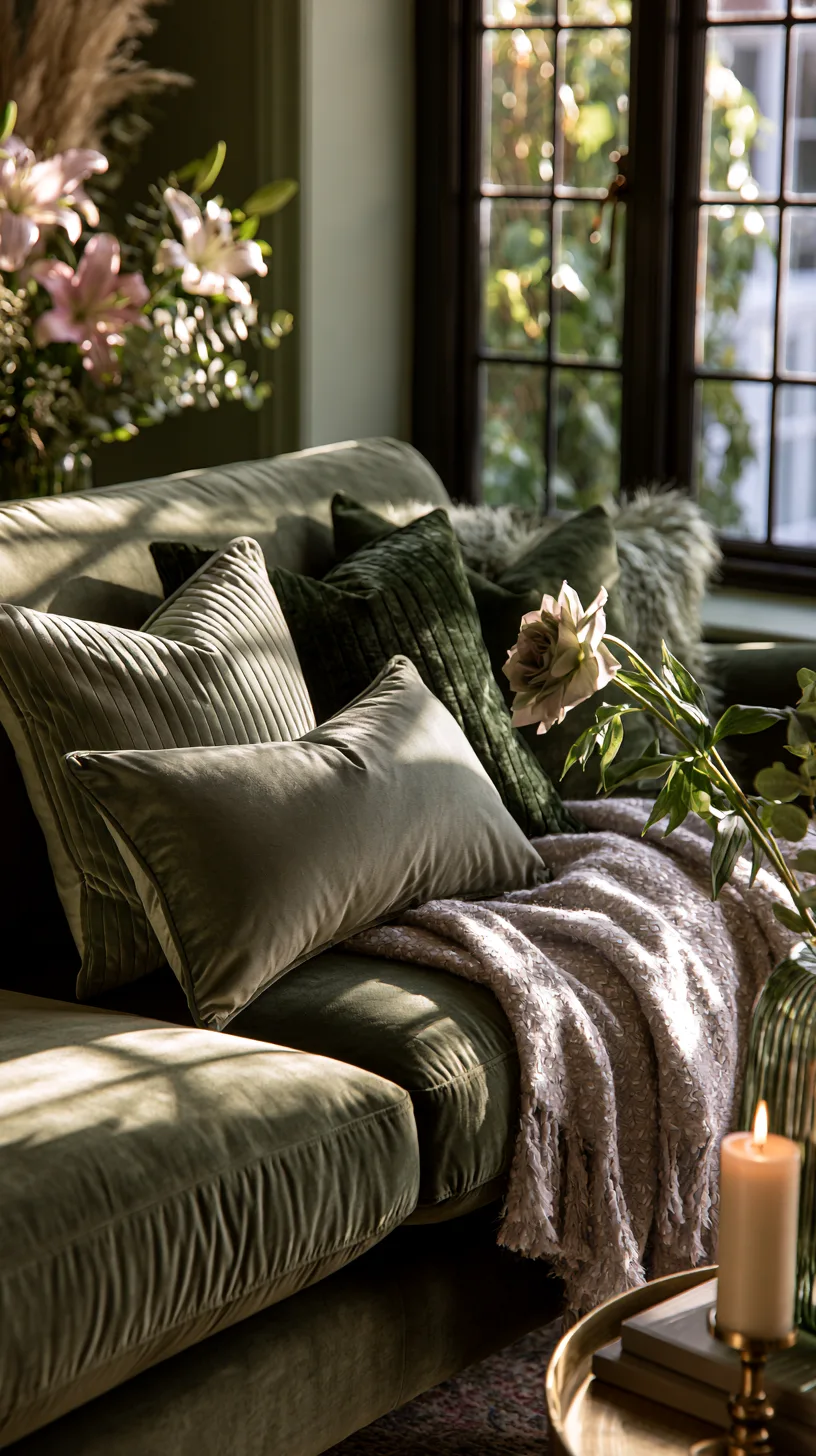 olive green sofa styled with seasonal pillows and throws for year round decorating, photo 1 of 4