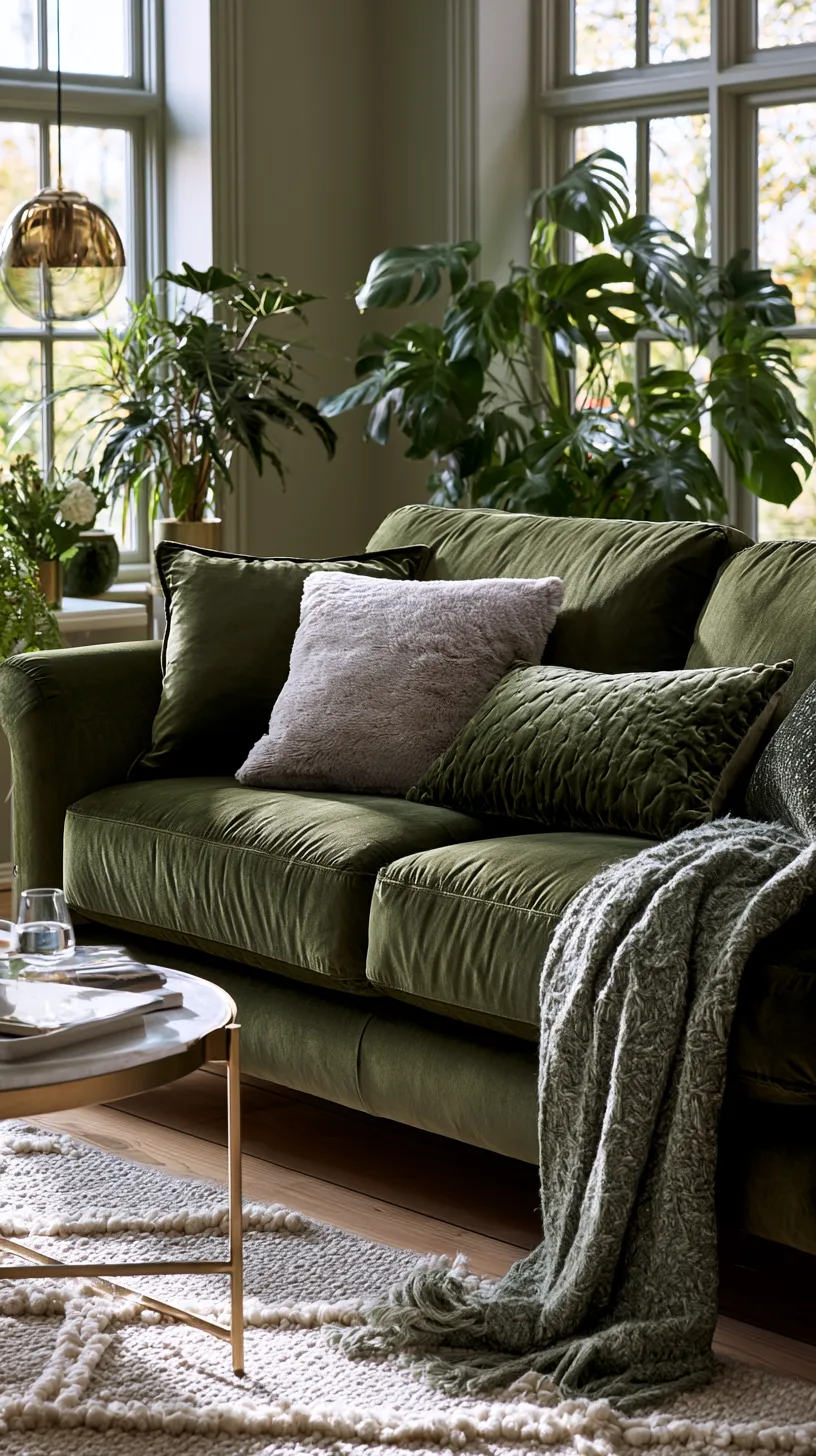 olive green sofa styled with seasonal pillows and throws for year round decorating, photo 2 of 4