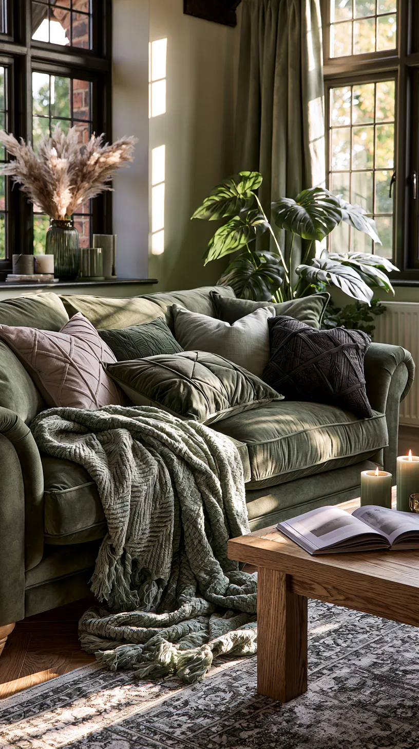 olive green sofa styled with seasonal pillows and throws for year round decorating, photo 3 of 4