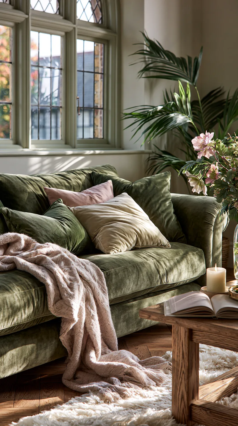 olive green sofa styled with seasonal pillows and throws for year round decorating, photo 4 of 4