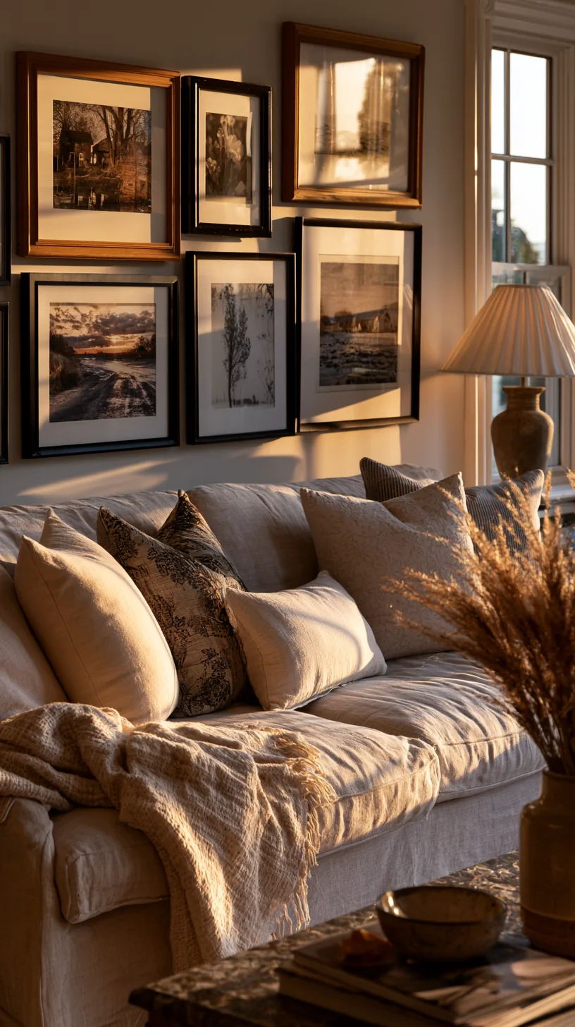 living room gallery wall of framed prints above a sofa, photo 1 of 2