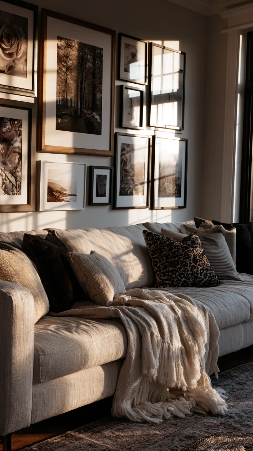living room gallery wall of framed prints above a sofa, photo 2 of 2