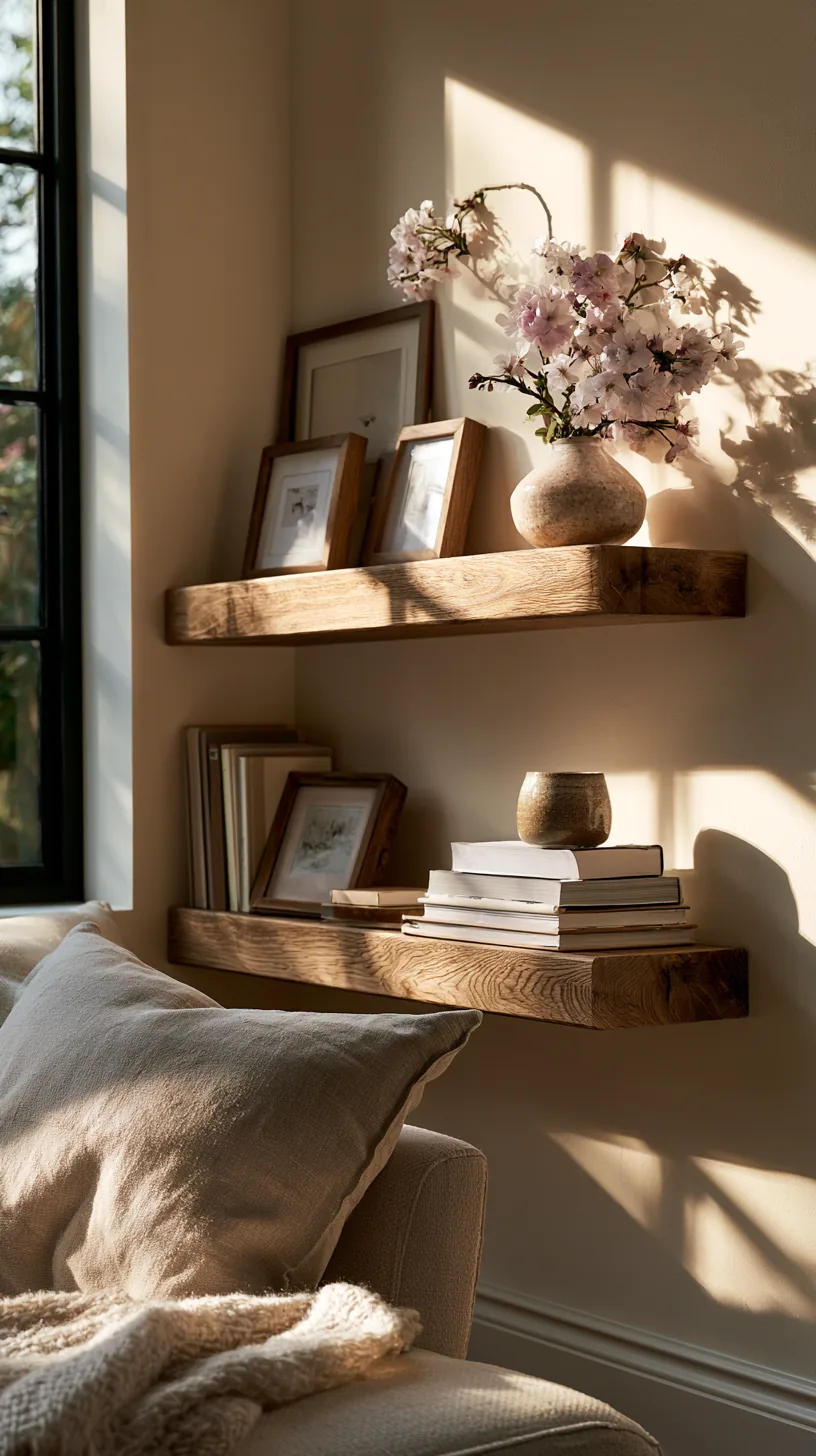 floating wooden shelves styled with books and plants on a living room wall, photo 1 of 2