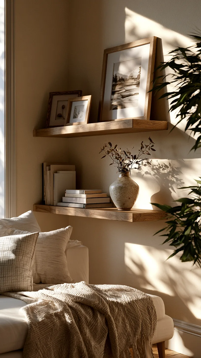 floating wooden shelves styled with books and plants on a living room wall, photo 2 of 2