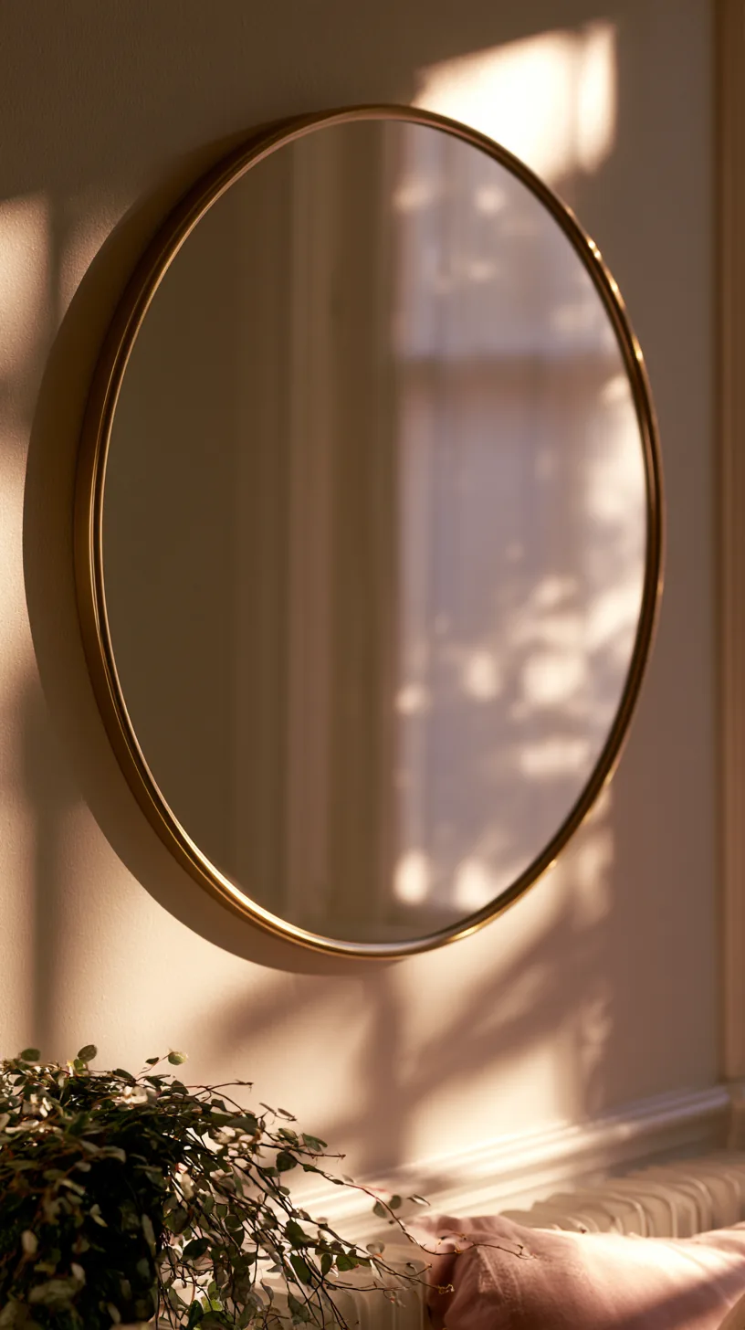 large round mirror hanging on a living room wall above a console, photo 1 of 2