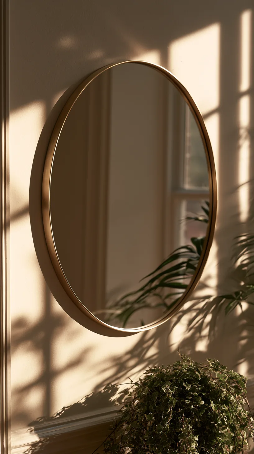 large round mirror hanging on a living room wall above a console, photo 2 of 2