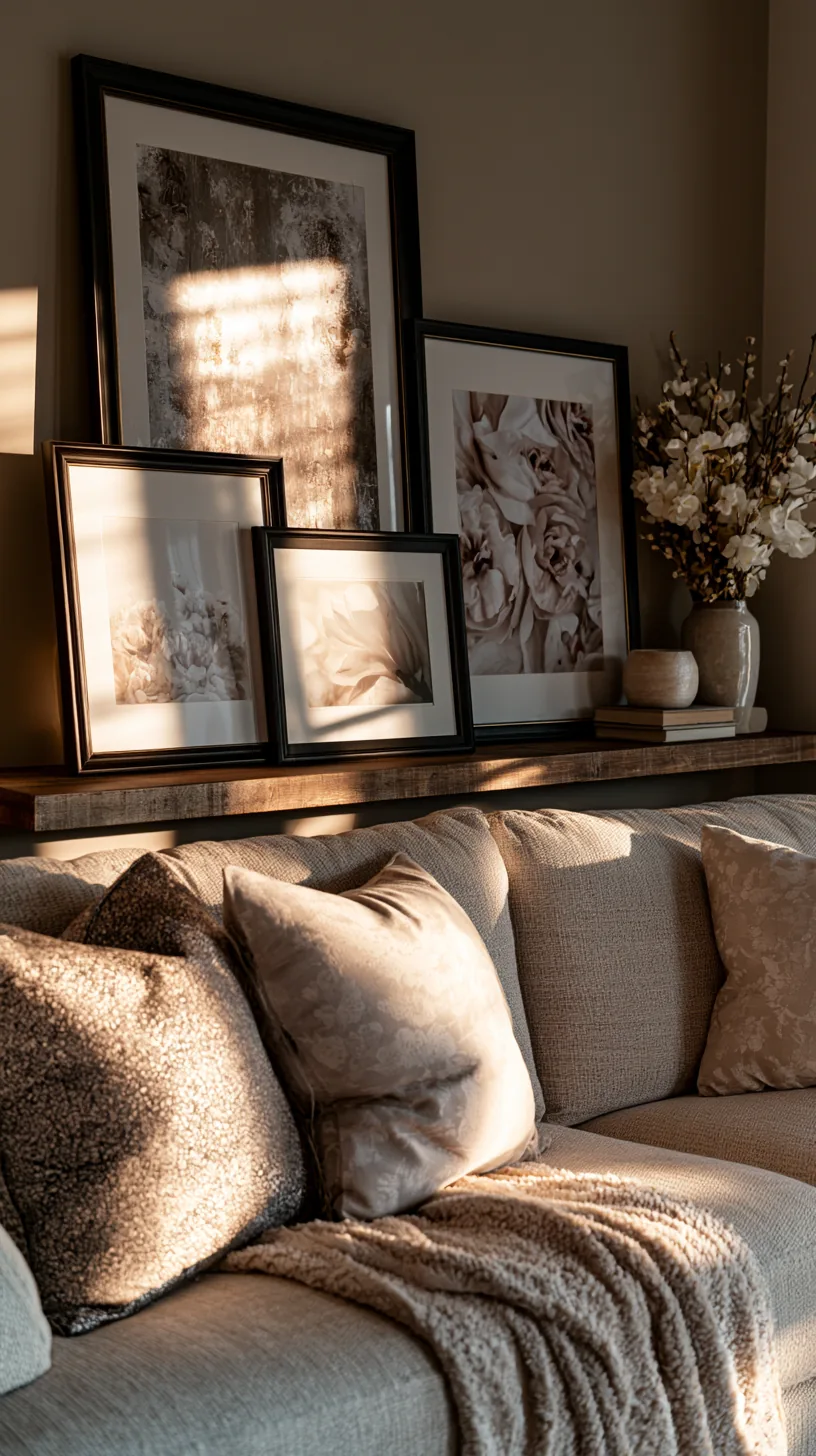 narrow picture ledge with leaning framed art on a living room wall, photo 1 of 2