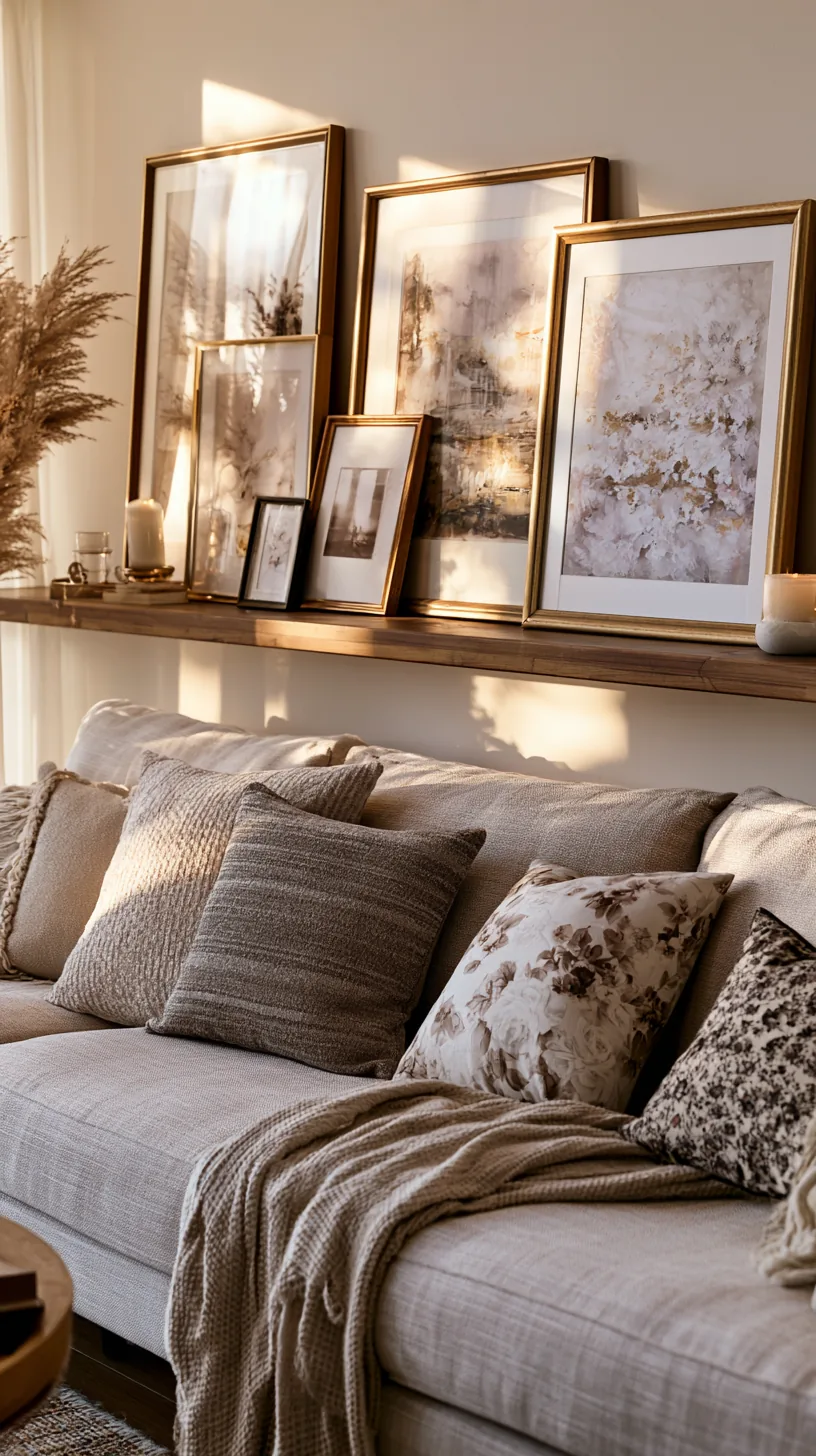 narrow picture ledge with leaning framed art on a living room wall, photo 2 of 2