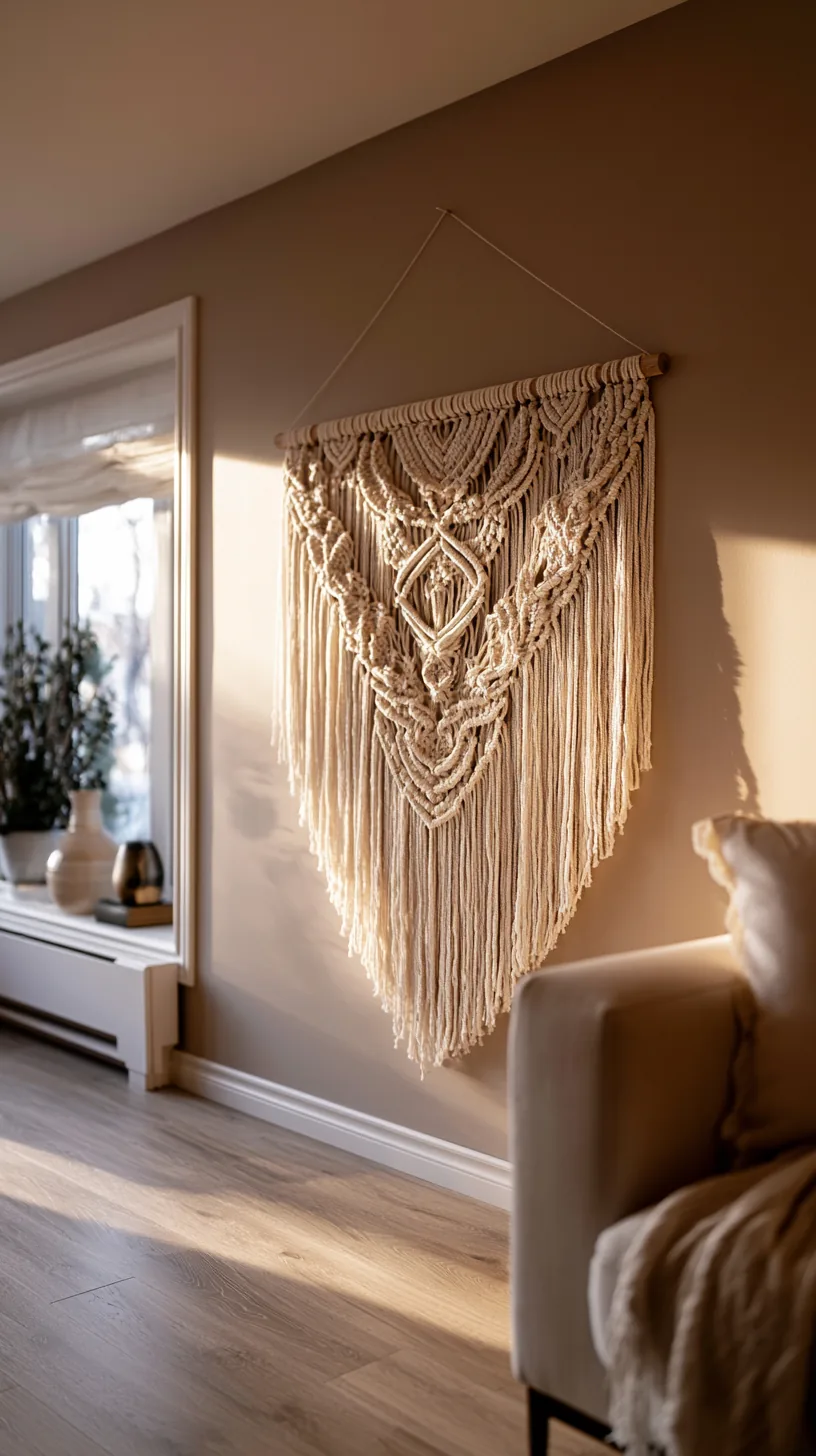 macrame woven wall hanging with fringe on a living room wall, photo 1 of 3