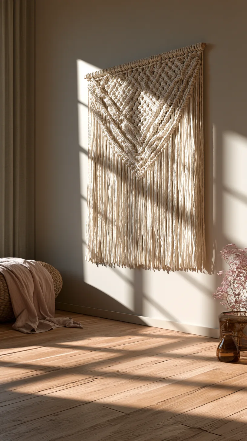 macrame woven wall hanging with fringe on a living room wall, photo 2 of 3