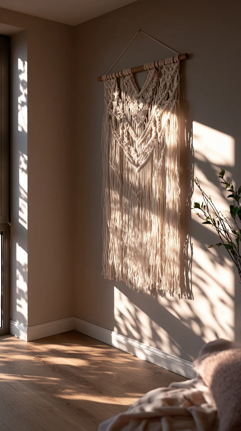 macrame woven wall hanging with fringe on a living room wall, photo 3 of 3
