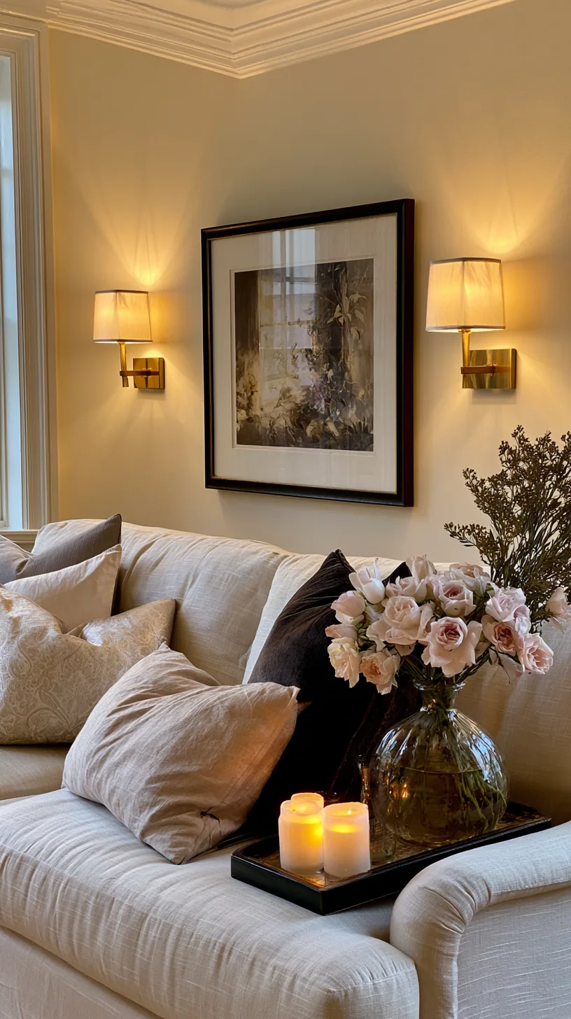 pair of matching wall sconces flanking a living room sofa, photo 1 of 2