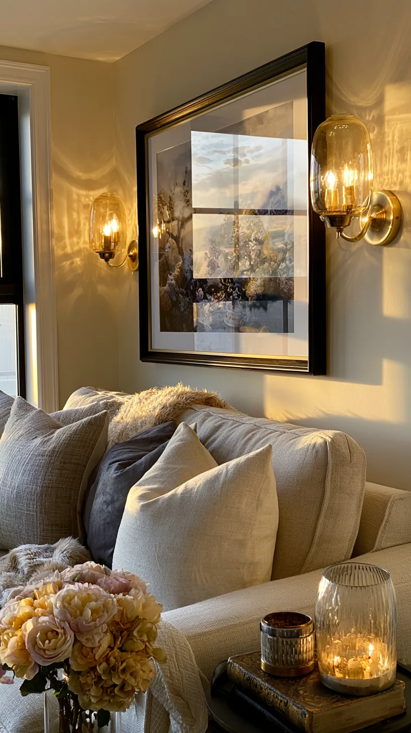 pair of matching wall sconces flanking a living room sofa, photo 2 of 2