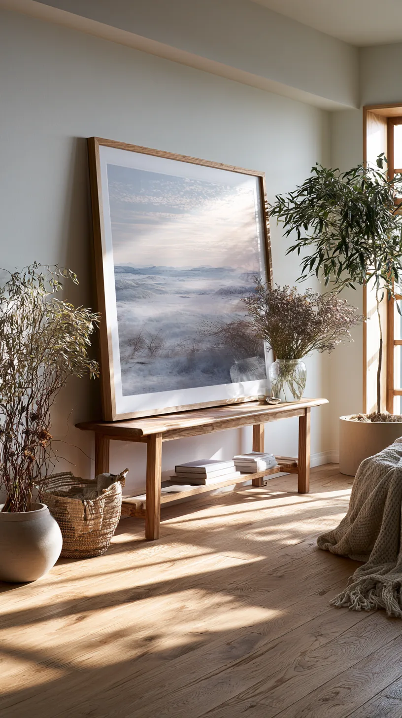 large framed art leaning against a living room wall on the floor, photo 1 of 2