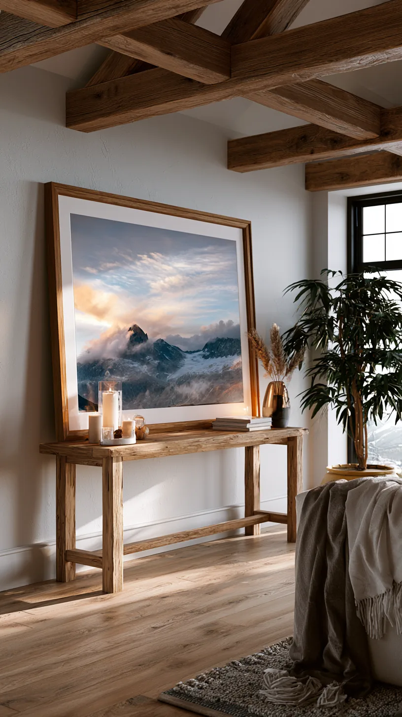 large framed art leaning against a living room wall on the floor, photo 2 of 2