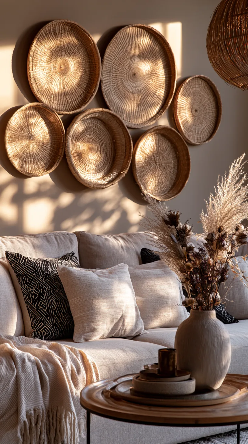 cluster of woven wall baskets on a living room wall, photo 2 of 4