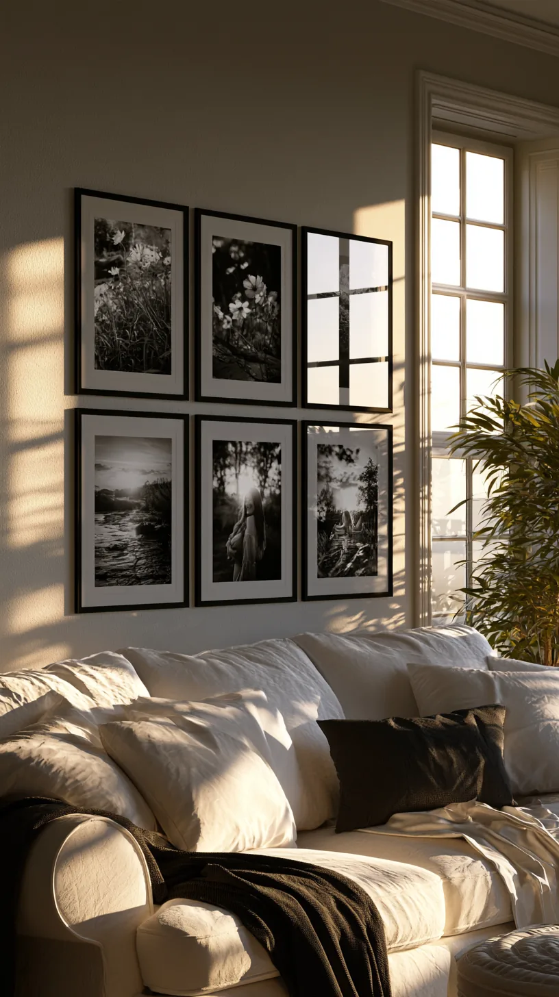 black and white photo grid in matching frames on a living room wall, photo 1 of 3