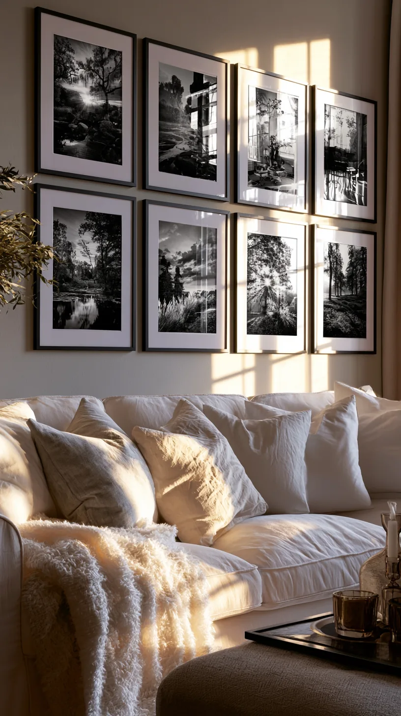 black and white photo grid in matching frames on a living room wall, photo 2 of 3