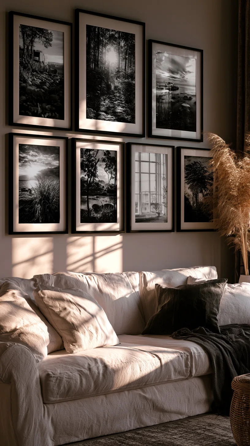 black and white photo grid in matching frames on a living room wall, photo 3 of 3