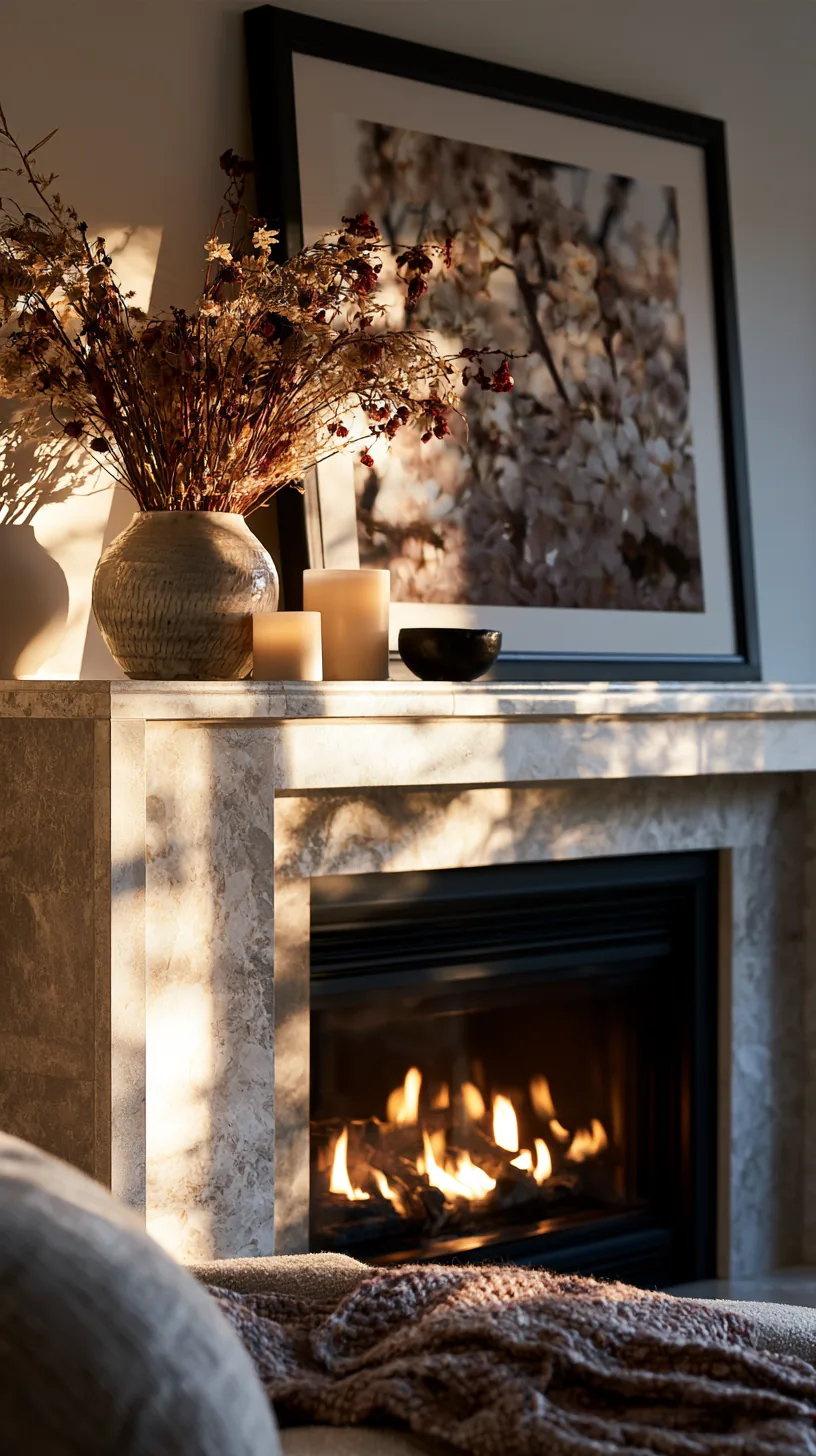 styled living room mantel with leaning art and candlesticks, photo 2 of 2