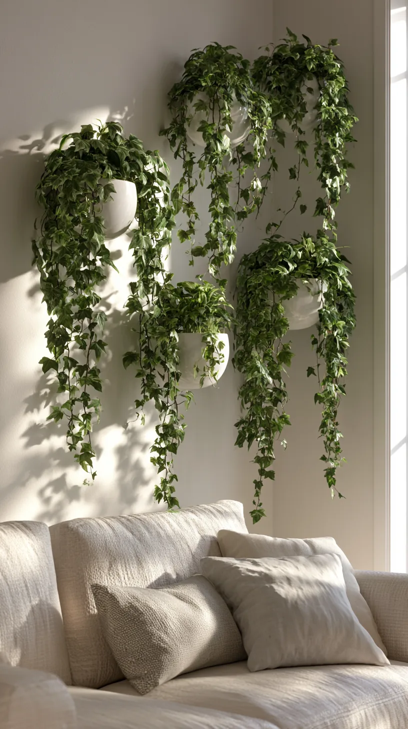 wall-mounted planters with trailing greenery in a living room, photo 1 of 3