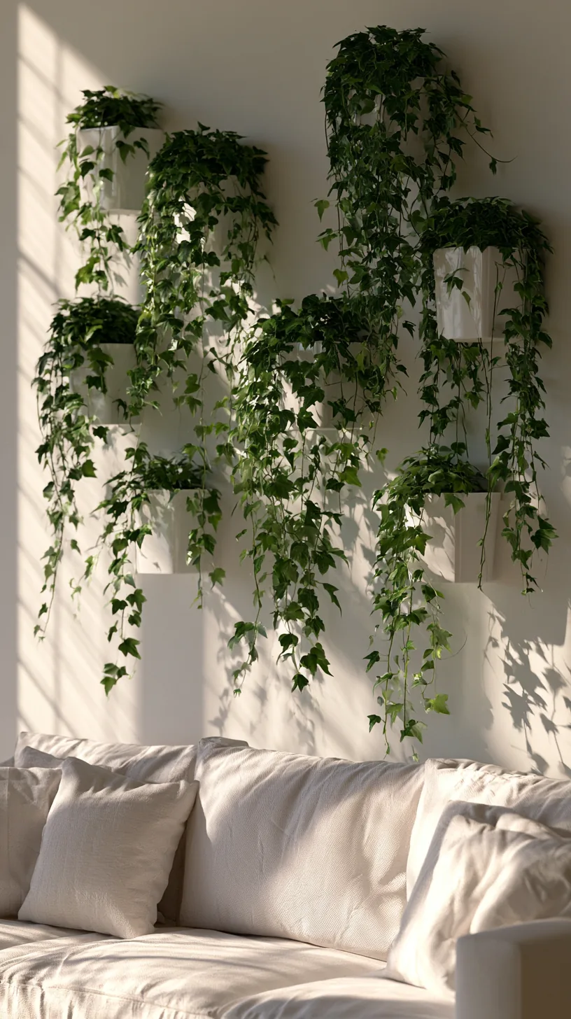 wall-mounted planters with trailing greenery in a living room, photo 2 of 3